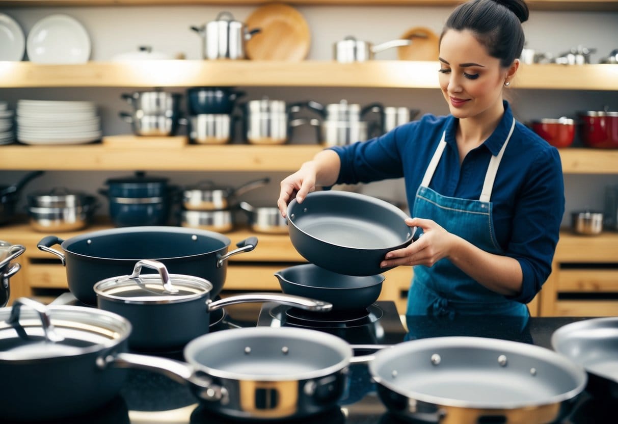 En person der omhyggeligt udvælger induktionskompatible gryder og pander i en køkkenbutik